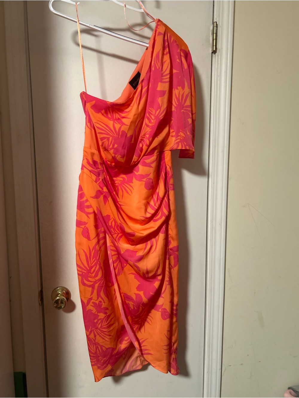 One-Shoulder Tropical Midi Dress in Orange and Pink